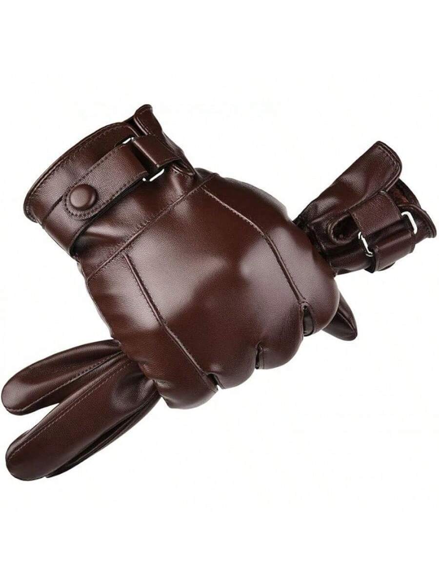 Men's Autumn and Winter Style Black Brown Smooth PU Leather Thickened Velvet Screen Gloves