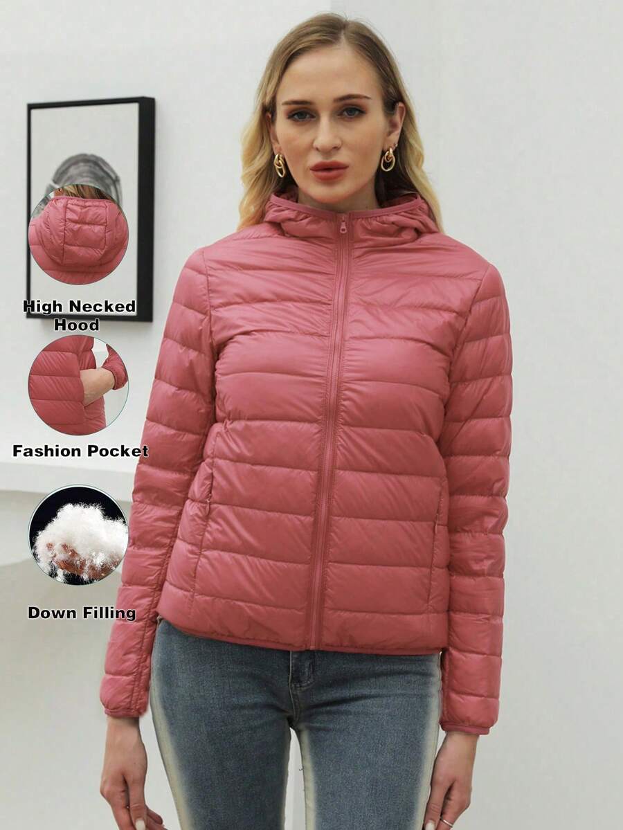 ZIAI Women Long Sleeve Hooded Down Coat Regular Length Warm Filled Jacket With Pockets And Zipper