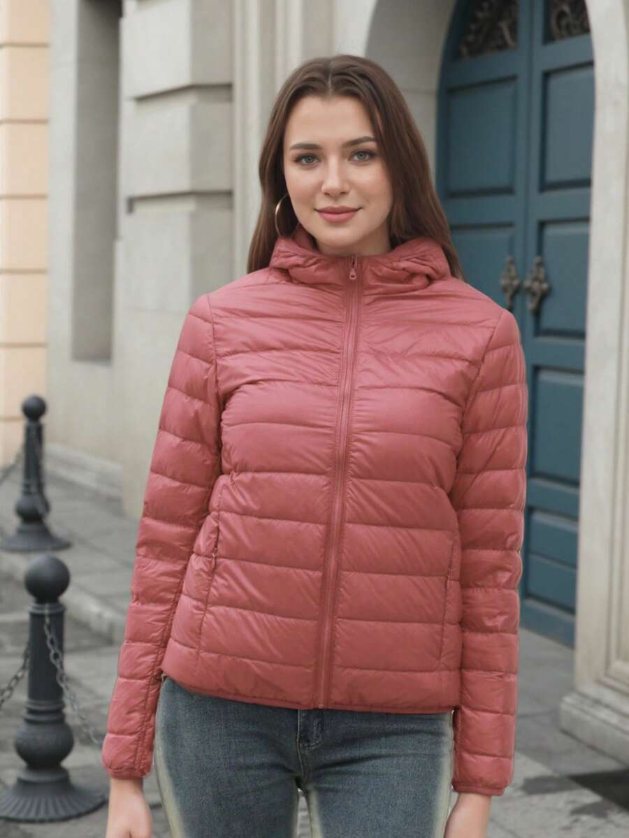 ZIAI Women Long Sleeve Hooded Down Coat Regular Length Warm Filled Jacket With Pockets And Zipper