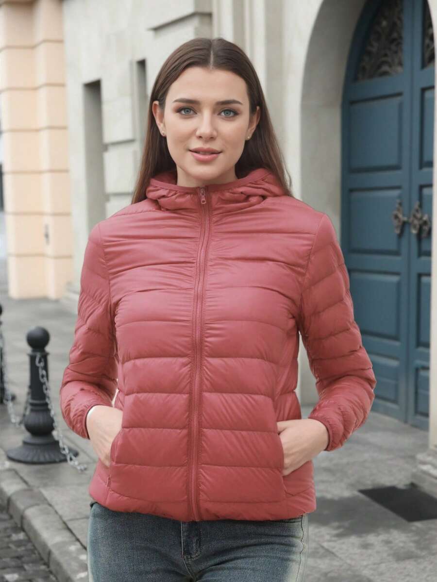 ZIAI Women Long Sleeve Hooded Down Coat Regular Length Warm Filled Jacket With Pockets And Zipper