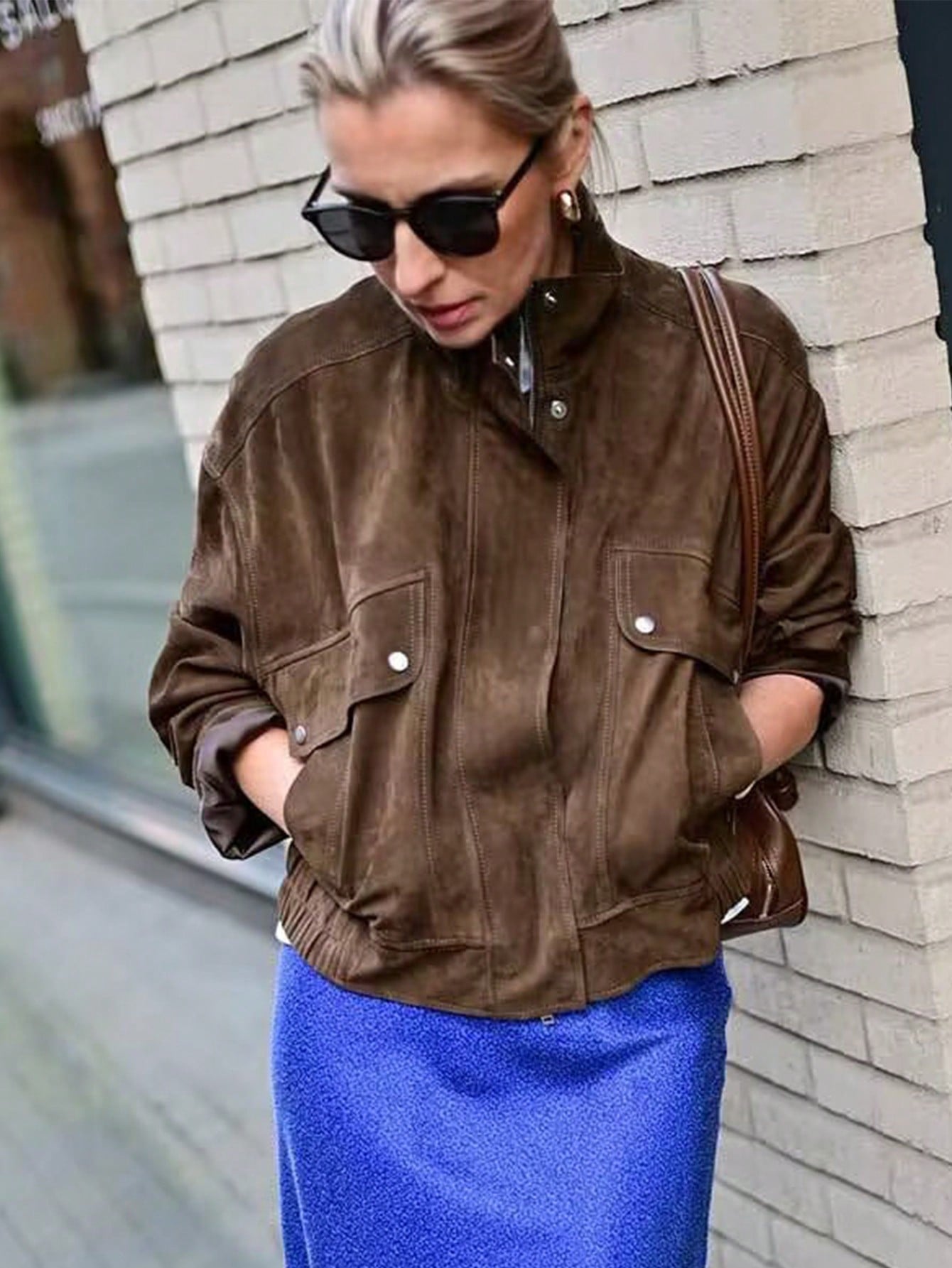 MUMRAP Women Solid Casual Stand Collar Bomber Chamois Jacket