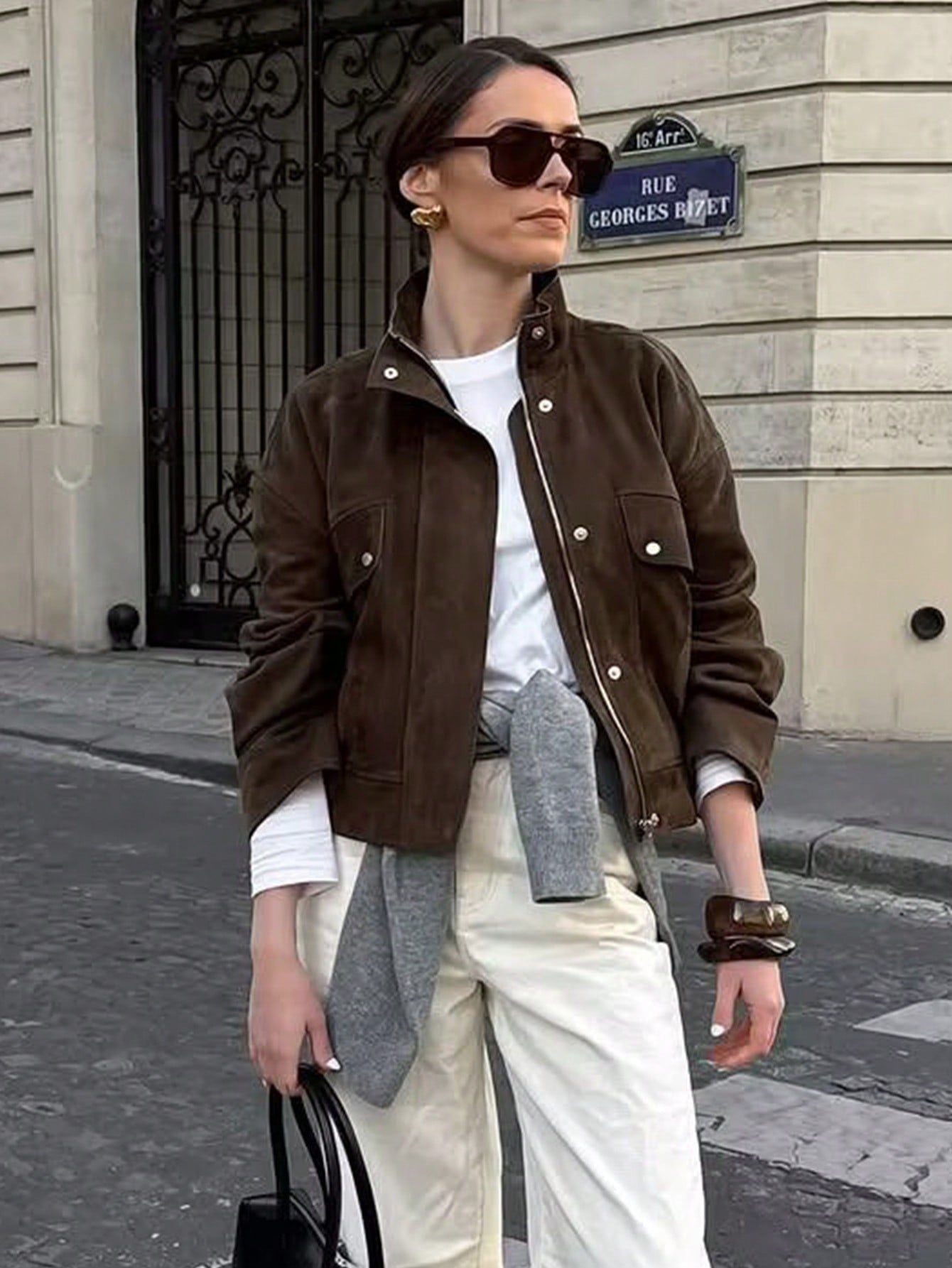 MUMRAP Women Solid Casual Stand Collar Bomber Chamois Jacket
