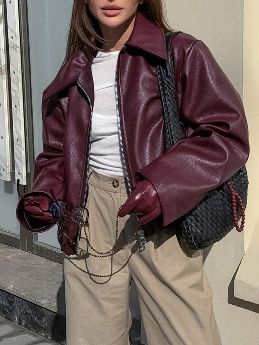 1pc Women's Solid Color Fashionable Loose Matte Leather Jacket Coat, Autumn/Winter