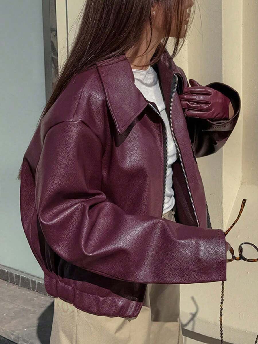 1pc Women's Solid Color Fashionable Loose Matte Leather Jacket Coat, Autumn/Winter