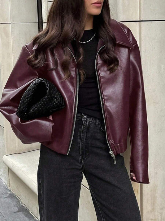 1pc Women's Solid Color Fashionable Loose Matte Leather Jacket Coat, Autumn/Winter