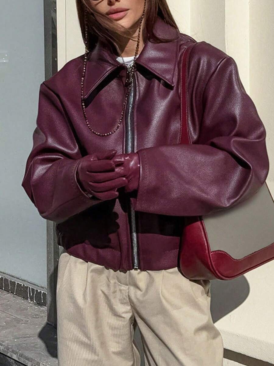 1pc Women's Solid Color Fashionable Loose Matte Leather Jacket Coat, Autumn/Winter