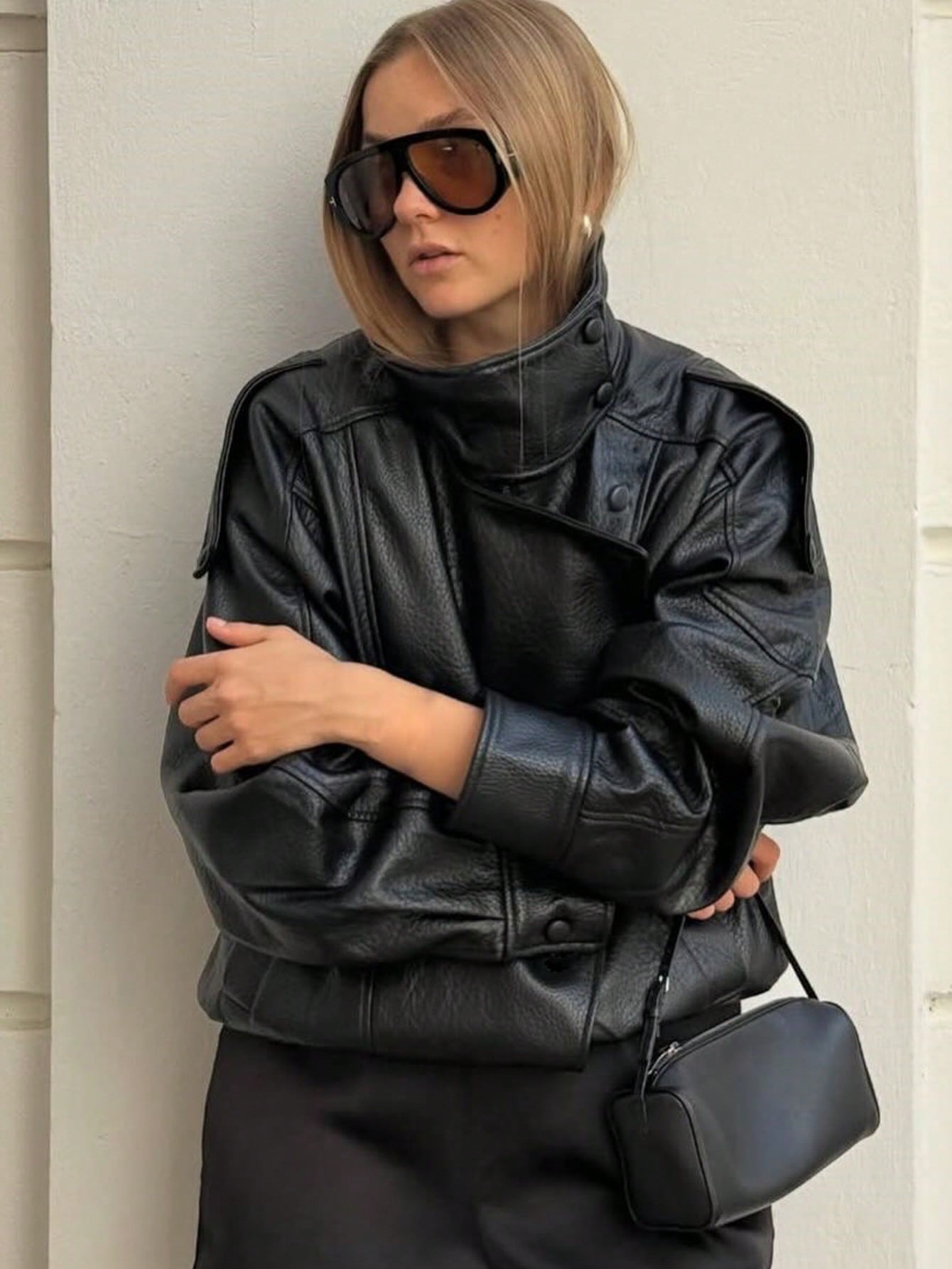 Black PU Leather Jacket Women Autumn Winter Bomber Jacket Coats Tops Fall Ladies Outerwears Long Sleeve Tops Winter Button Coat