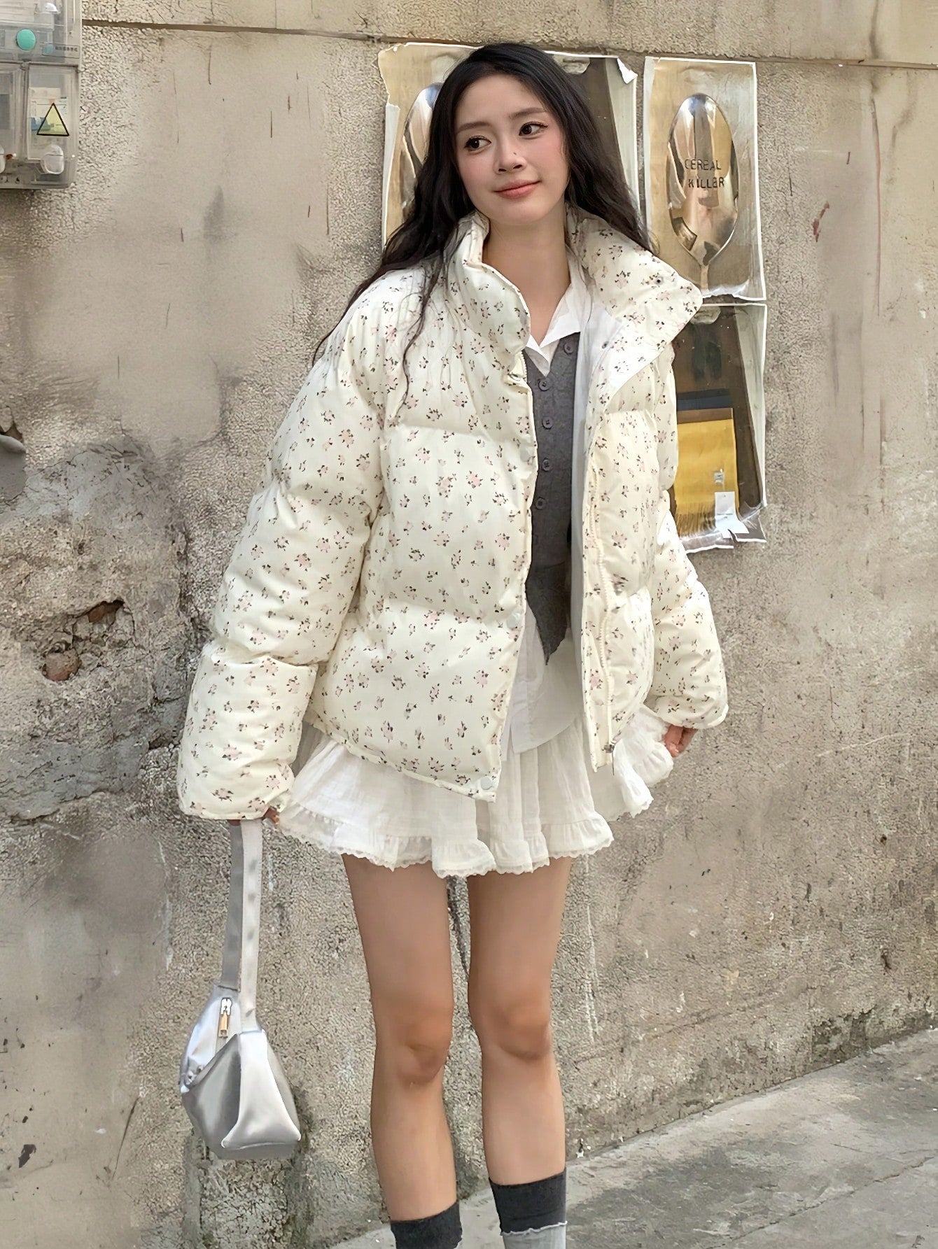 Winter Women Casual Loose Puffer Jacket Long Sleeve Floral Printed Stand Collar Short Pockets Padded Coat Korean Fashion Party Coats Christmas Outerwear Female Clothes Birthday Outfits