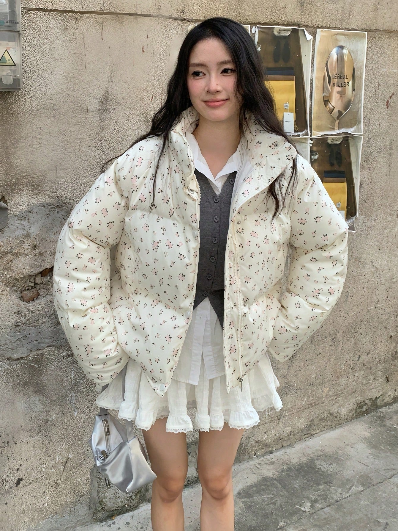 Winter Women Casual Loose Puffer Jacket Long Sleeve Floral Printed Stand Collar Short Pockets Padded Coat Korean Fashion Party Coats Christmas Outerwear Female Clothes Birthday Outfits