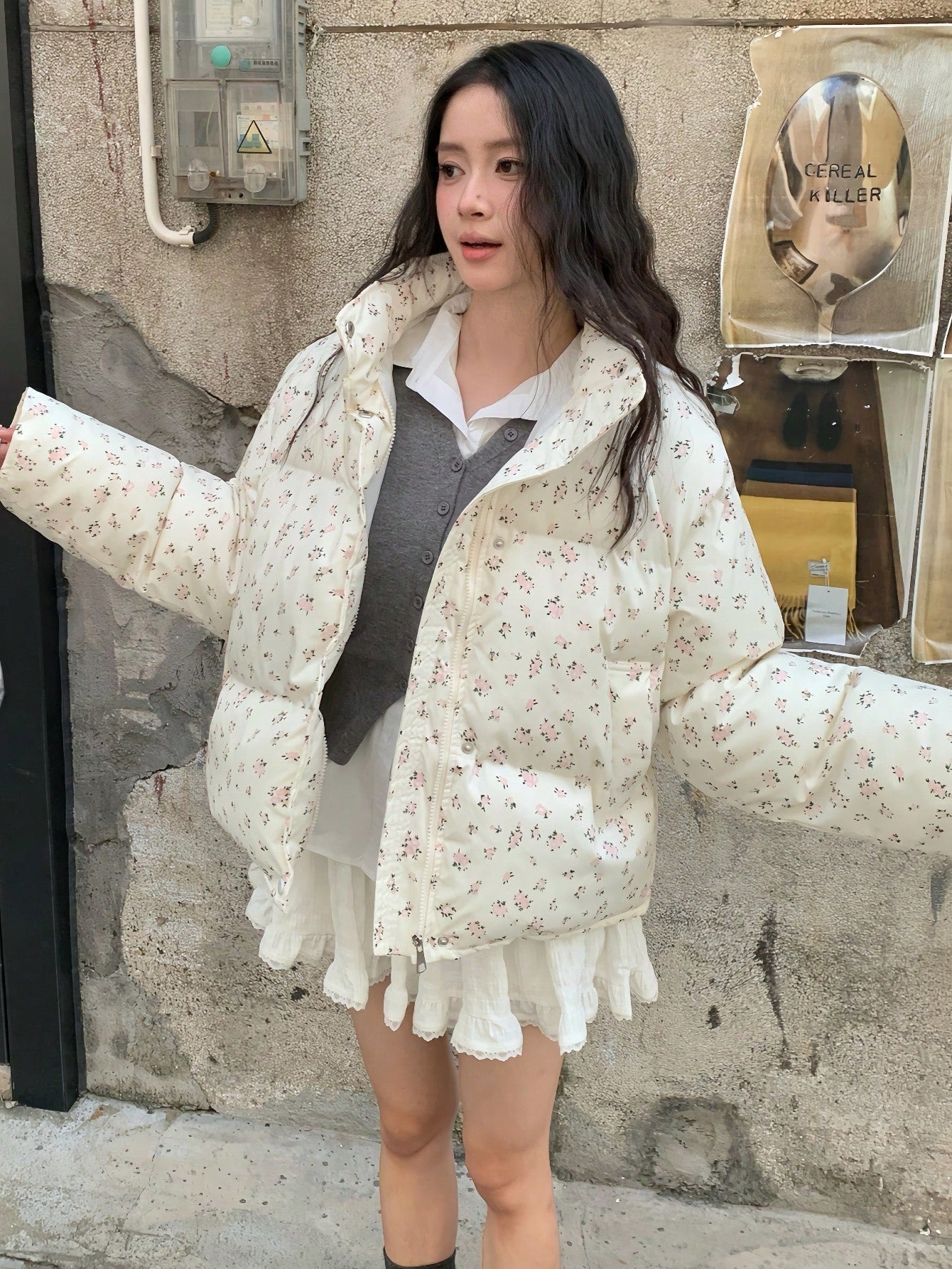 Winter Women Casual Loose Puffer Jacket Long Sleeve Floral Printed Stand Collar Short Pockets Padded Coat Korean Fashion Party Coats Christmas Outerwear Female Clothes Birthday Outfits