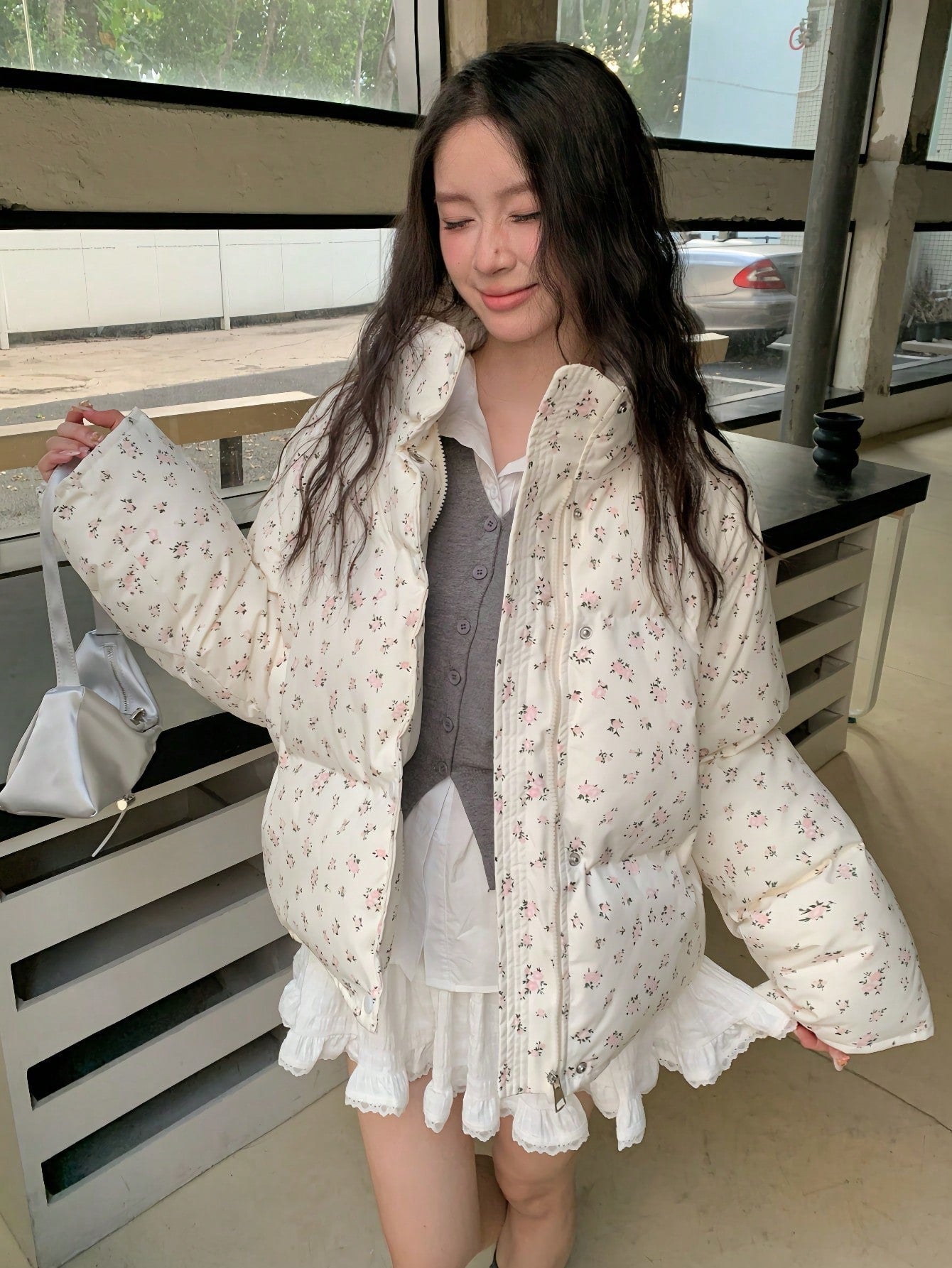 Winter Women Casual Loose Puffer Jacket Long Sleeve Floral Printed Stand Collar Short Pockets Padded Coat Korean Fashion Party Coats Christmas Outerwear Female Clothes Birthday Outfits