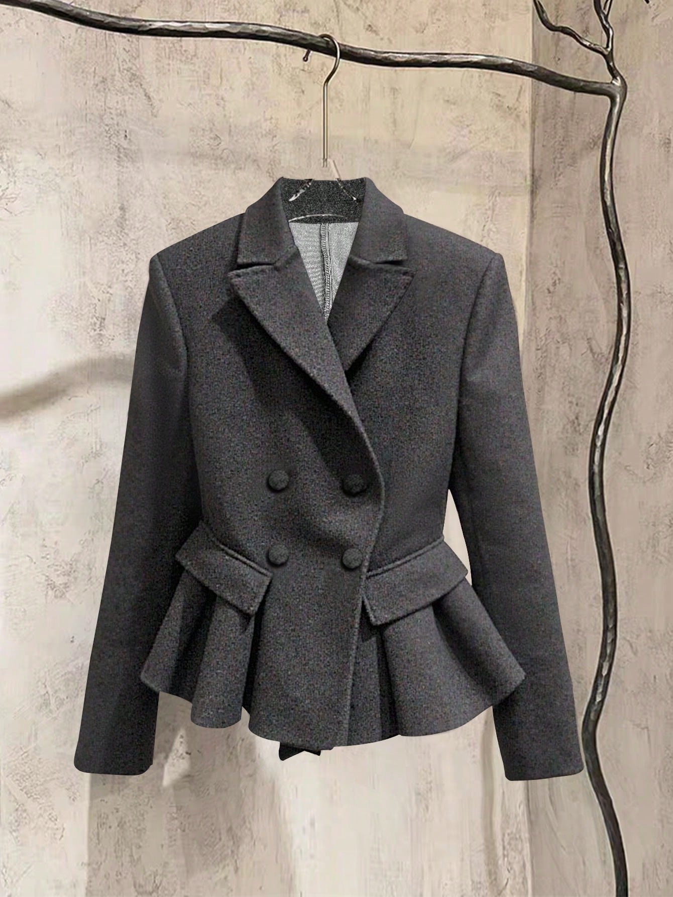 EMERY ROSE Women's Elegant Vintage Lapel Collar Double-Breasted Ruffle Hem Jacket, Autumn/Winter