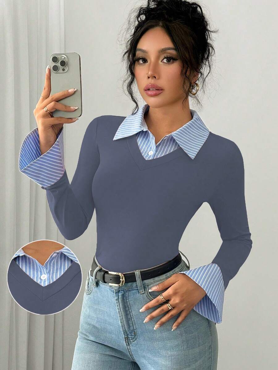 Selianne Elegant Commuter Striped Collared Flared Long Sleeve Knitted T-Shirt For Women