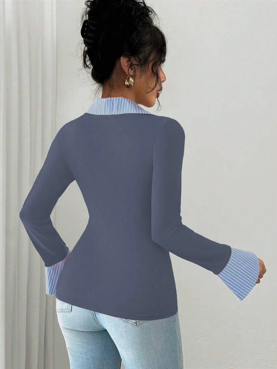 Selianne Elegant Commuter Striped Collared Flared Long Sleeve Knitted T-Shirt For Women