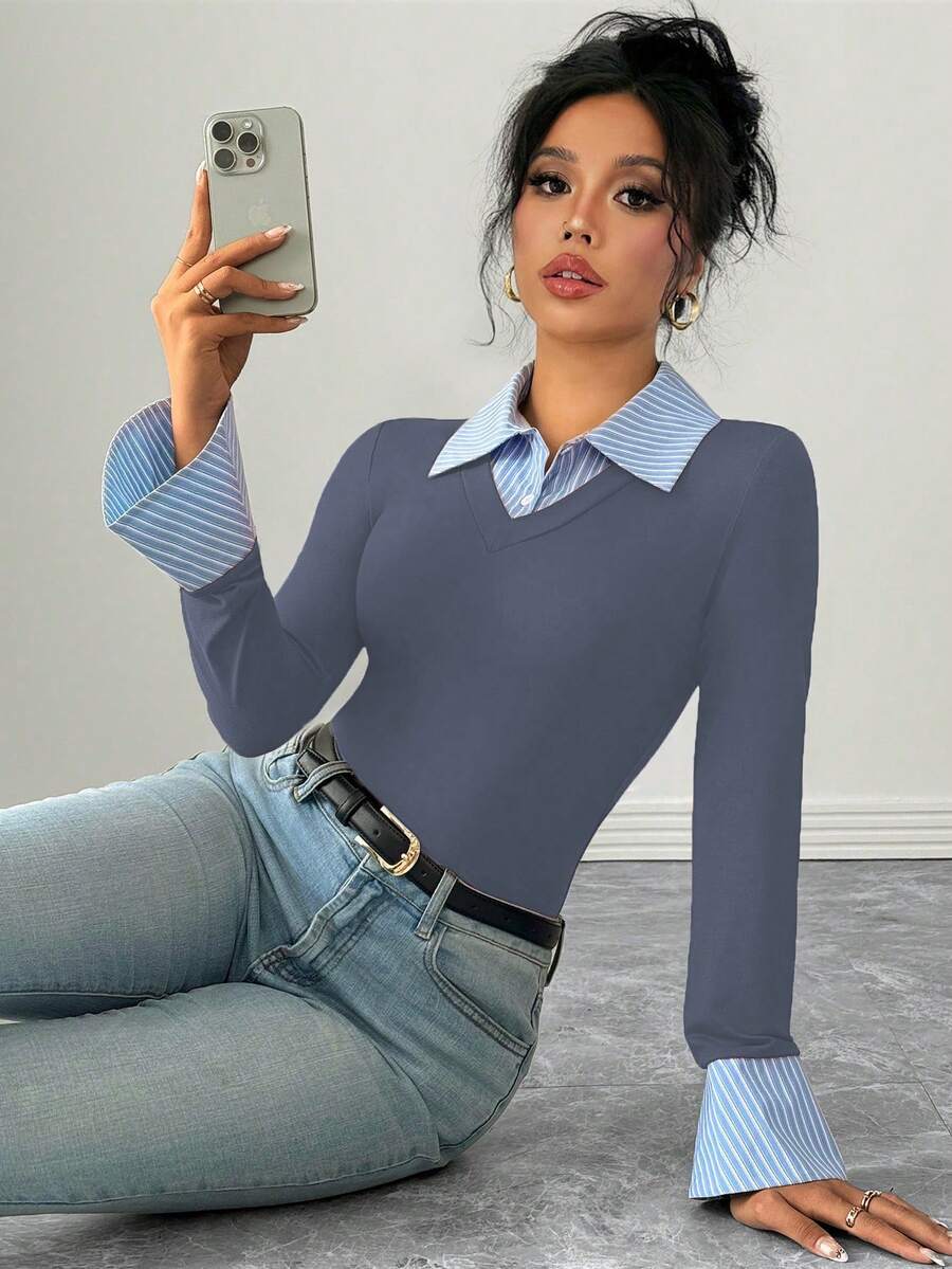 Selianne Elegant Commuter Striped Collared Flared Long Sleeve Knitted T-Shirt For Women