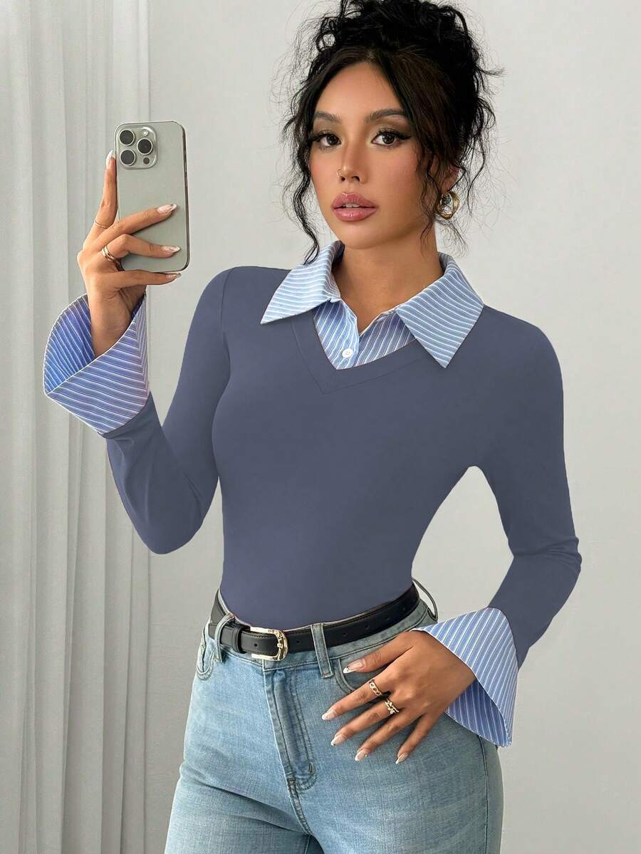 Selianne Elegant Commuter Striped Collared Flared Long Sleeve Knitted T-Shirt For Women