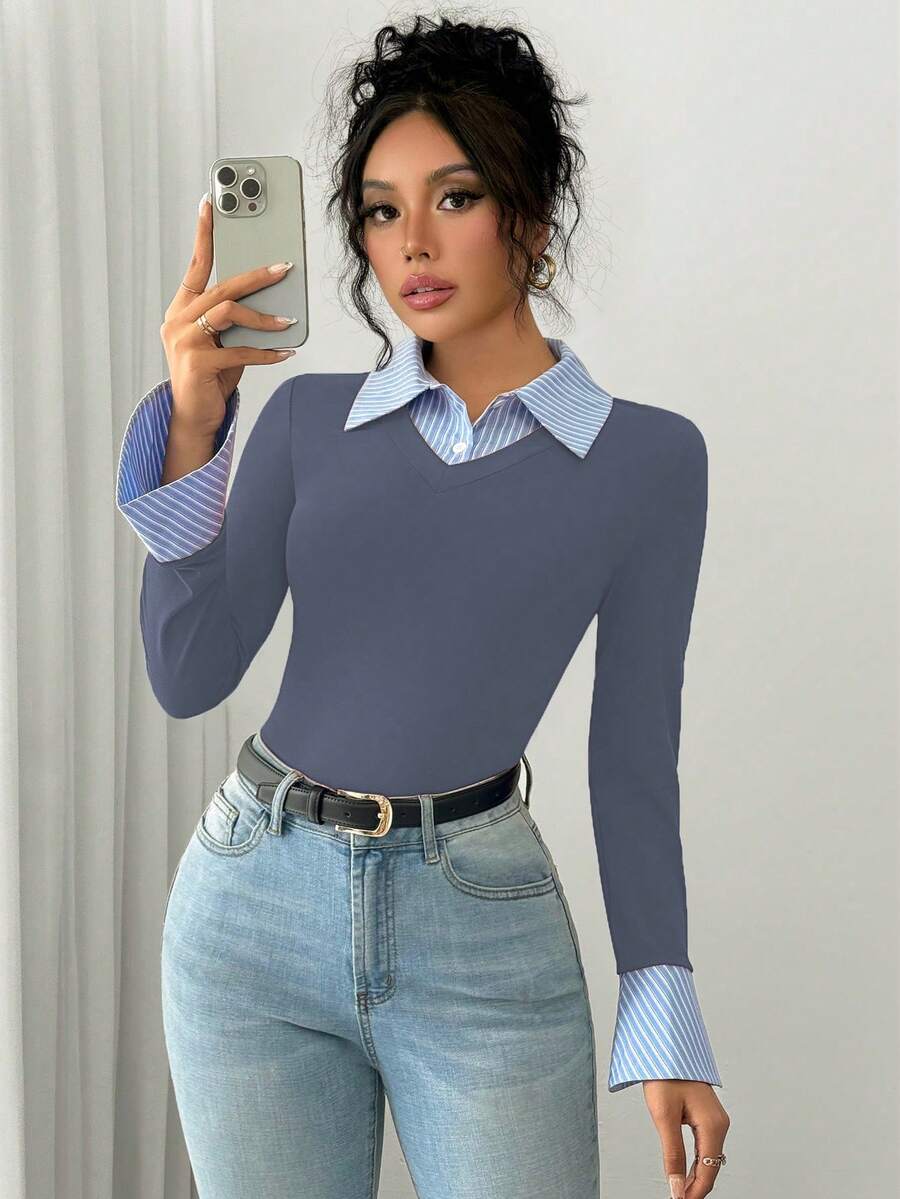 Selianne Elegant Commuter Striped Collared Flared Long Sleeve Knitted T-Shirt For Women