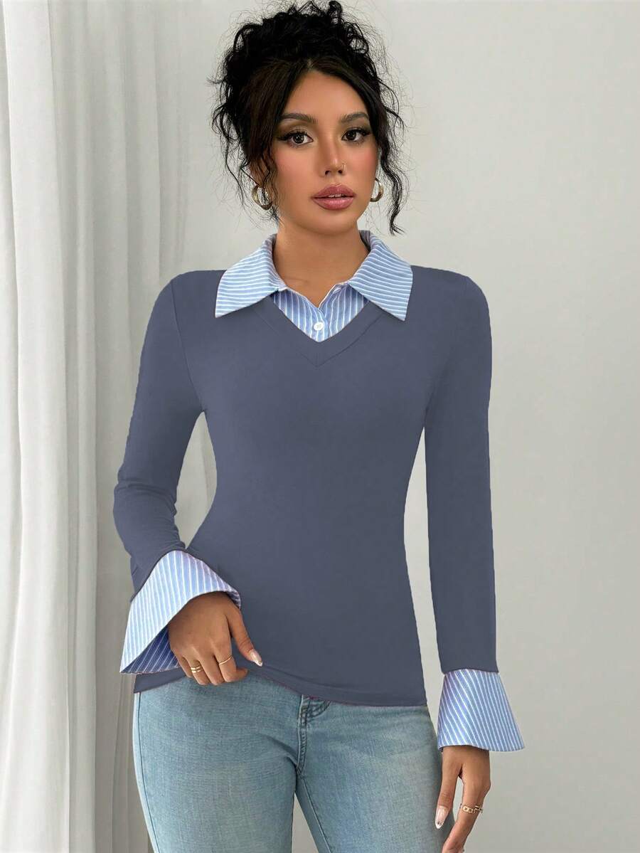 Selianne Elegant Commuter Striped Collared Flared Long Sleeve Knitted T-Shirt For Women