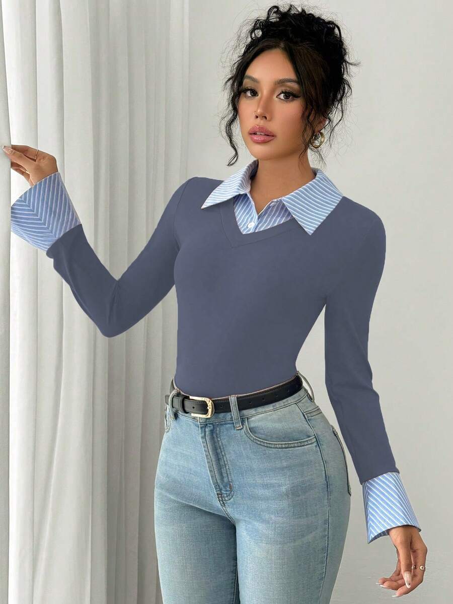 Selianne Elegant Commuter Striped Collared Flared Long Sleeve Knitted T-Shirt For Women