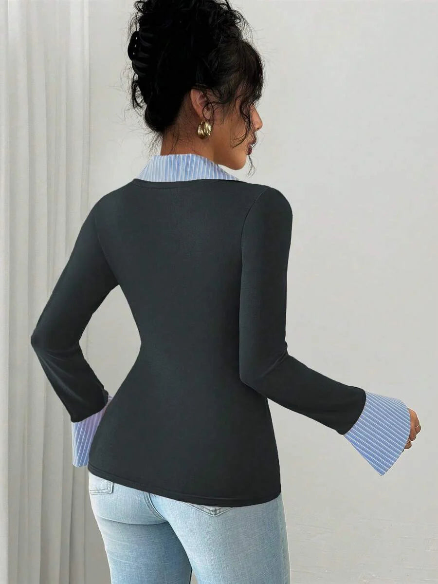Selianne Elegant Commuter Striped Collared Flared Long Sleeve Knitted T-Shirt For Women