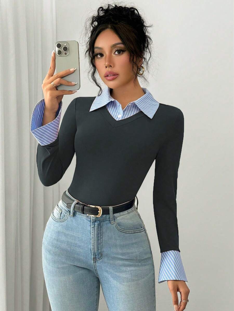 Selianne Elegant Commuter Striped Collared Flared Long Sleeve Knitted T-Shirt For Women