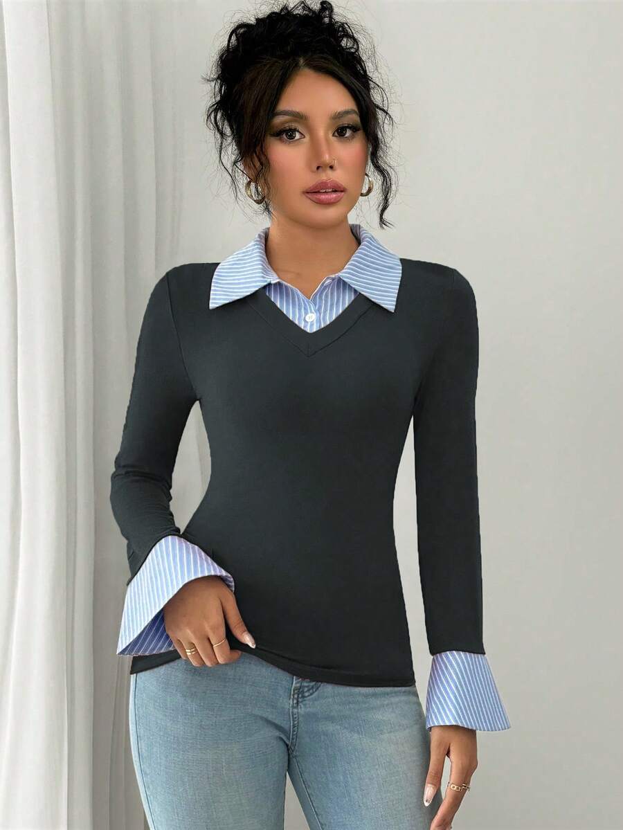 Selianne Elegant Commuter Striped Collared Flared Long Sleeve Knitted T-Shirt For Women