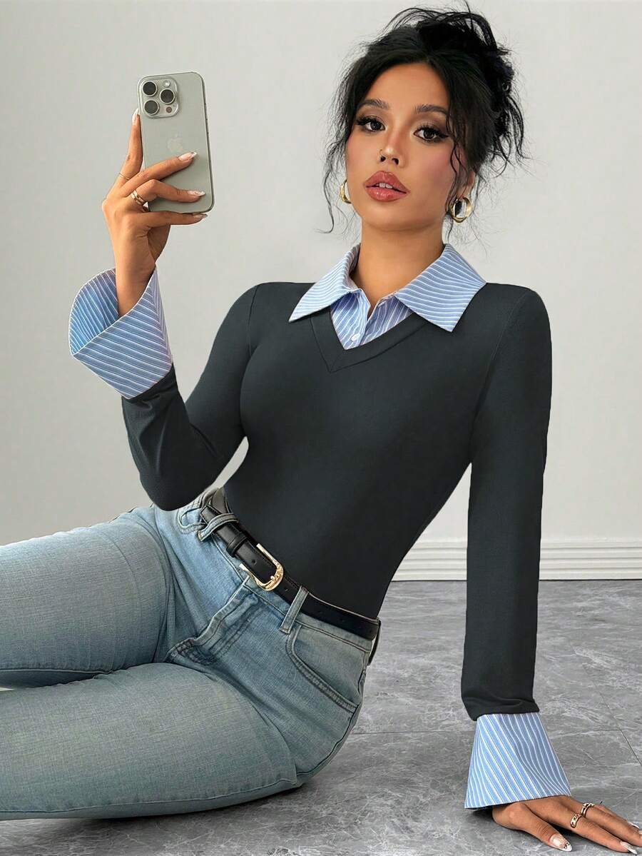 Selianne Elegant Commuter Striped Collared Flared Long Sleeve Knitted T-Shirt For Women