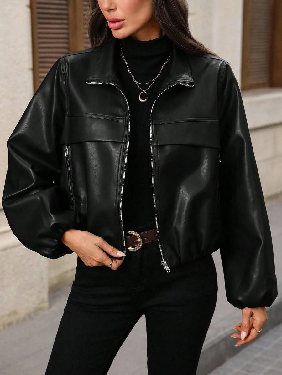 EMERY ROSE Women's Solid Color Lantern Sleeve Zipper Front PU Leather Jacket, Autumn