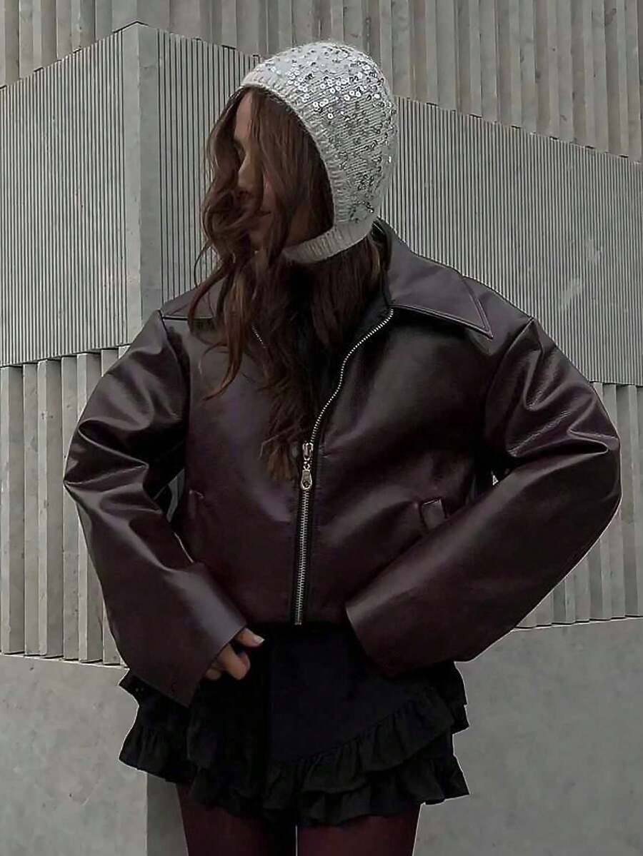 Vintage Casual Motorcycle Style Matte Leather Jacket For Women, Chic European And American Fashion, Zipper Closure, Warm And Windproof, Autumn