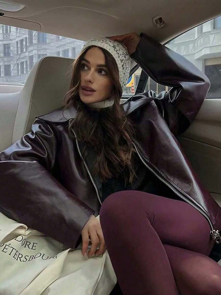 Women's Fashion Long Sleeve PU Leather Short Jacket With Collar And Zipper Details, Stylish Outerwear