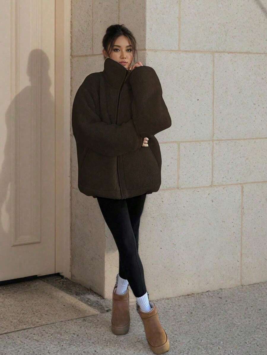 1pc Fashionable Versatile Pocket Teddy Fleece Jacket, Everyday Wear, Winter