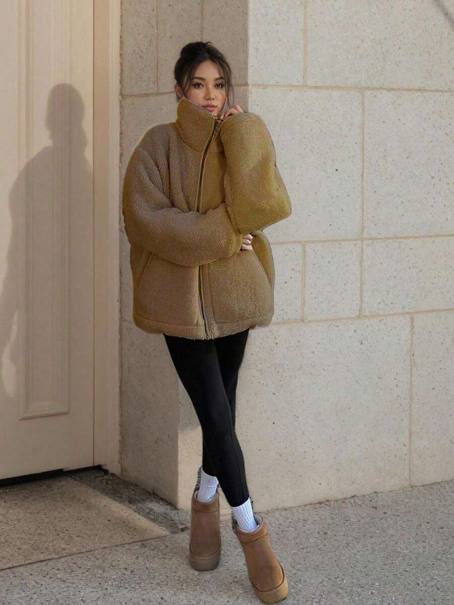 1pc Fashionable Versatile Pocket Teddy Fleece Jacket, Everyday Wear, Winter