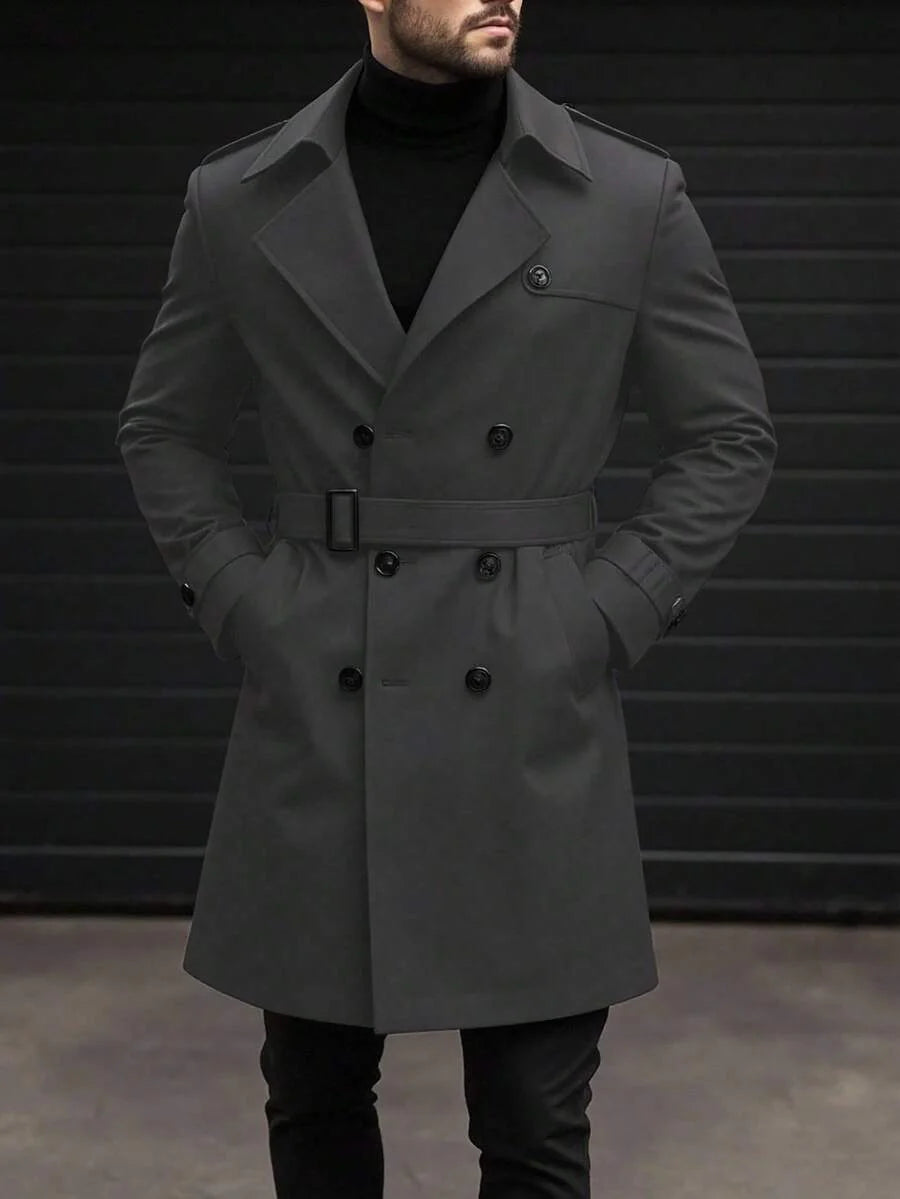 Manfinity Mode Men's Street Hot INS Matching Black Plain Anti-Peak Fabric Double-Breasted Lapel Oversized Trench Coat, Boyfriend Husband Gift Anniversary Gift Men Long Coat Men Outerwear Double Breasted Trench Coat Men Black Trench Coat Men Trench Coat,