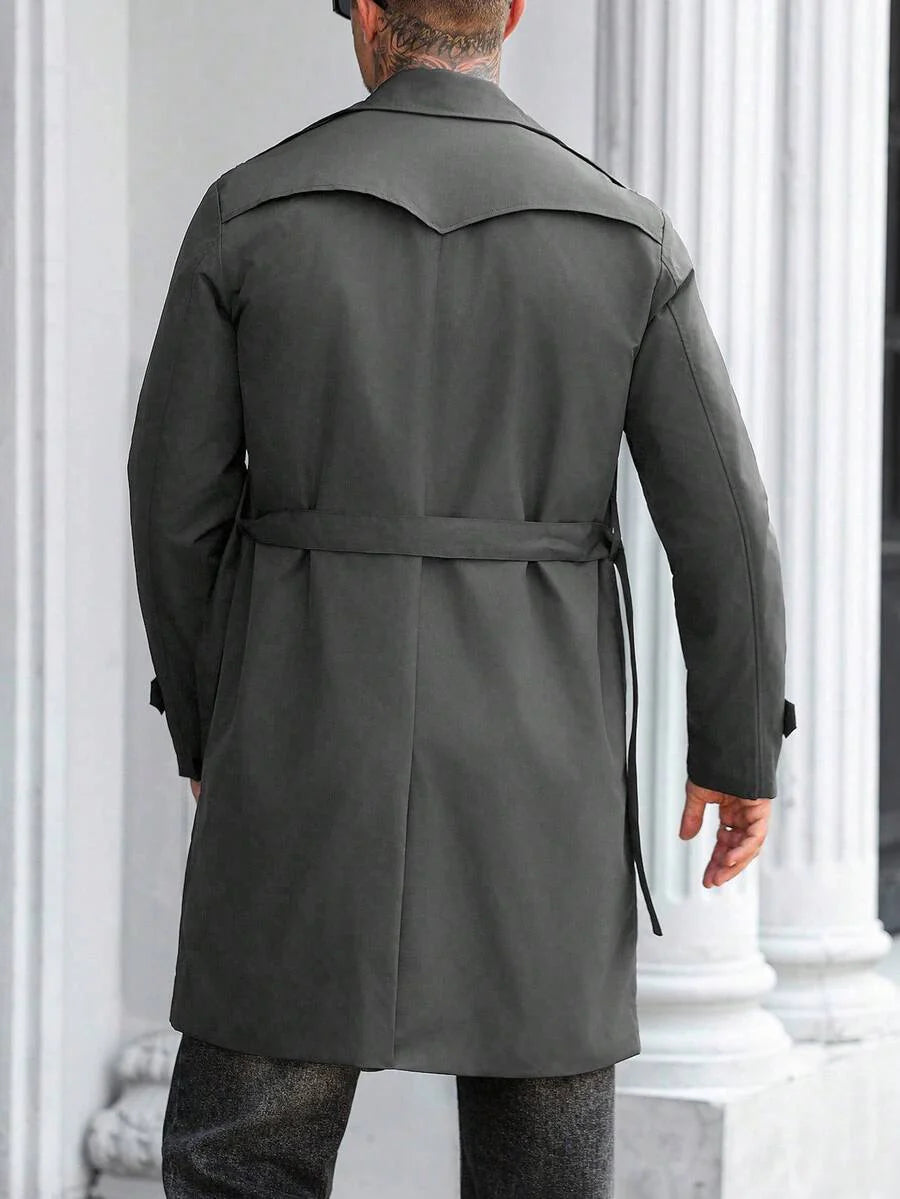 Manfinity Mode Men's Street Hot INS Matching Black Plain Anti-Peak Fabric Double-Breasted Lapel Oversized Trench Coat, Boyfriend Husband Gift Anniversary Gift Men Long Coat Men Outerwear Double Breasted Trench Coat Men Black Trench Coat Men Trench Coat,