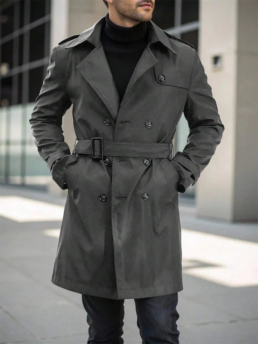 Manfinity Mode Men's Street Hot INS Matching Black Plain Anti-Peak Fabric Double-Breasted Lapel Oversized Trench Coat, Boyfriend Husband Gift Anniversary Gift Men Long Coat Men Outerwear Double Breasted Trench Coat Men Black Trench Coat Men Trench Coat,