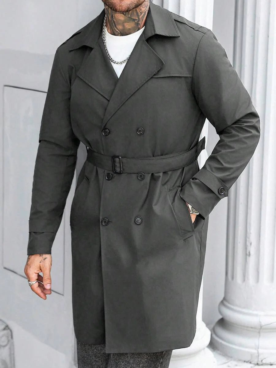 Manfinity Mode Men's Street Hot INS Matching Black Plain Anti-Peak Fabric Double-Breasted Lapel Oversized Trench Coat, Boyfriend Husband Gift Anniversary Gift Men Long Coat Men Outerwear Double Breasted Trench Coat Men Black Trench Coat Men Trench Coat,