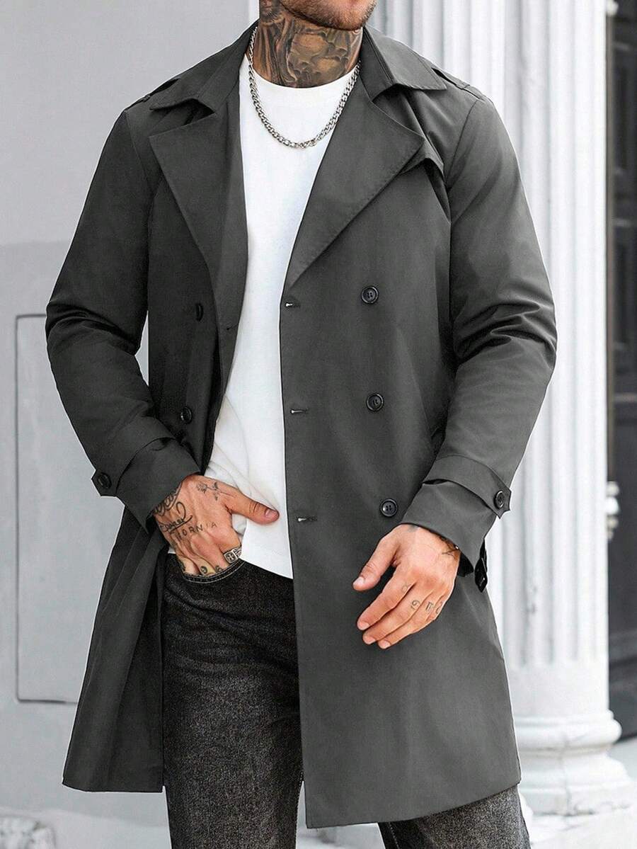 Manfinity Mode Men's Street Hot INS Matching Black Plain Anti-Peak Fabric Double-Breasted Lapel Oversized Trench Coat, Boyfriend Husband Gift Anniversary Gift Men Long Coat Men Outerwear Double Breasted Trench Coat Men Black Trench Coat Men Trench Coat,