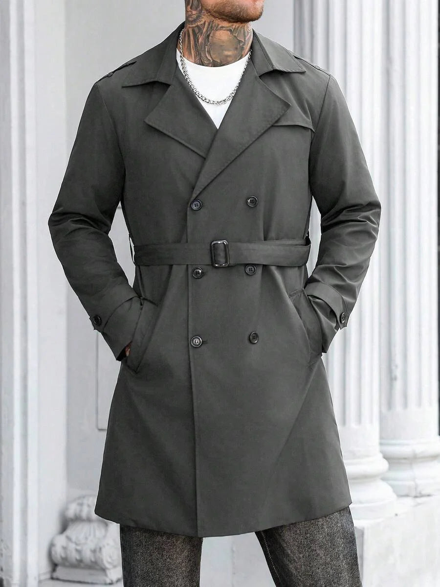 Manfinity Mode Men's Street Hot INS Matching Black Plain Anti-Peak Fabric Double-Breasted Lapel Oversized Trench Coat, Boyfriend Husband Gift Anniversary Gift Men Long Coat Men Outerwear Double Breasted Trench Coat Men Black Trench Coat Men Trench Coat,