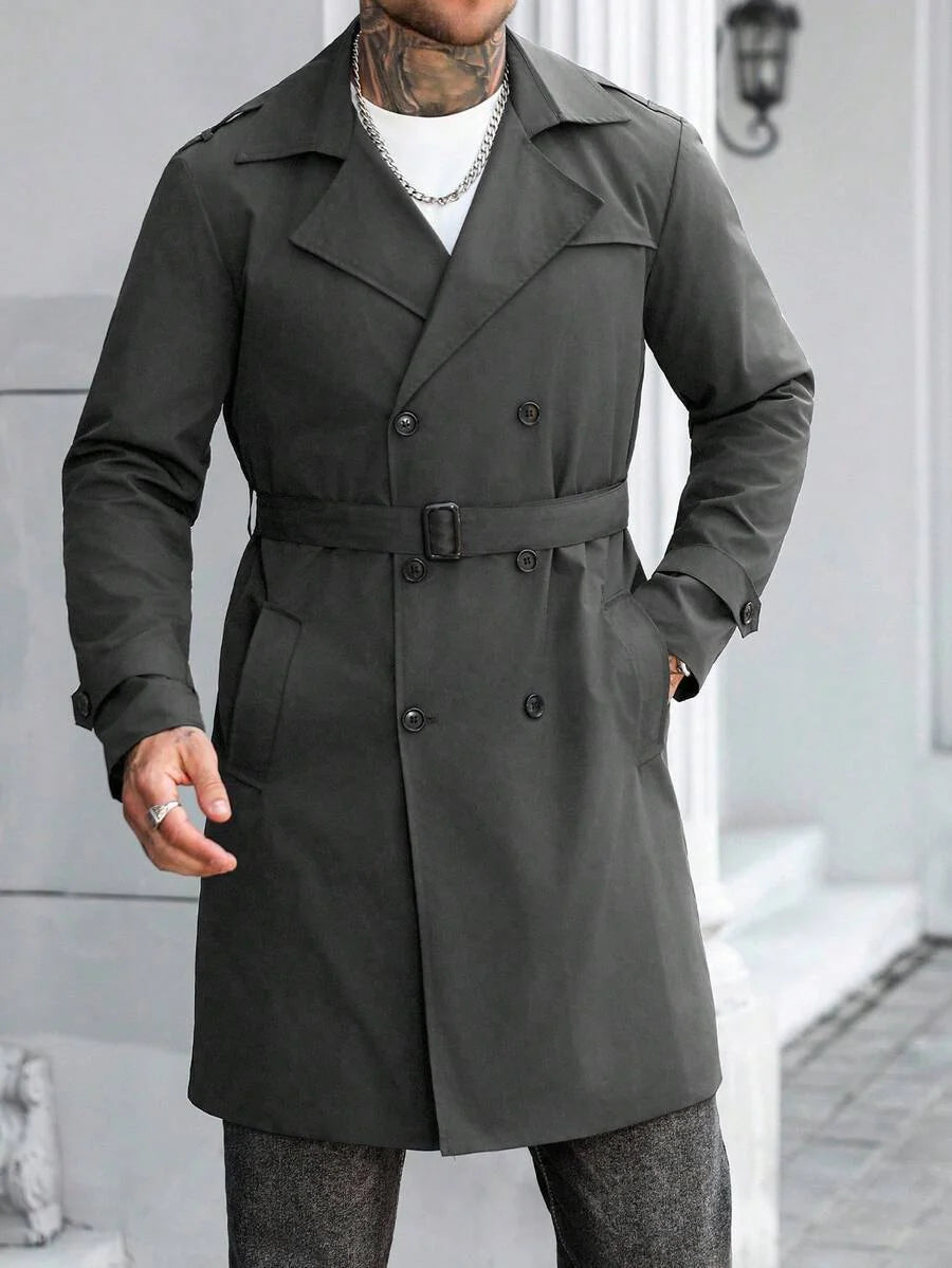 Manfinity Mode Men's Street Hot INS Matching Black Plain Anti-Peak Fabric Double-Breasted Lapel Oversized Trench Coat, Boyfriend Husband Gift Anniversary Gift Men Long Coat Men Outerwear Double Breasted Trench Coat Men Black Trench Coat Men Trench Coat,
