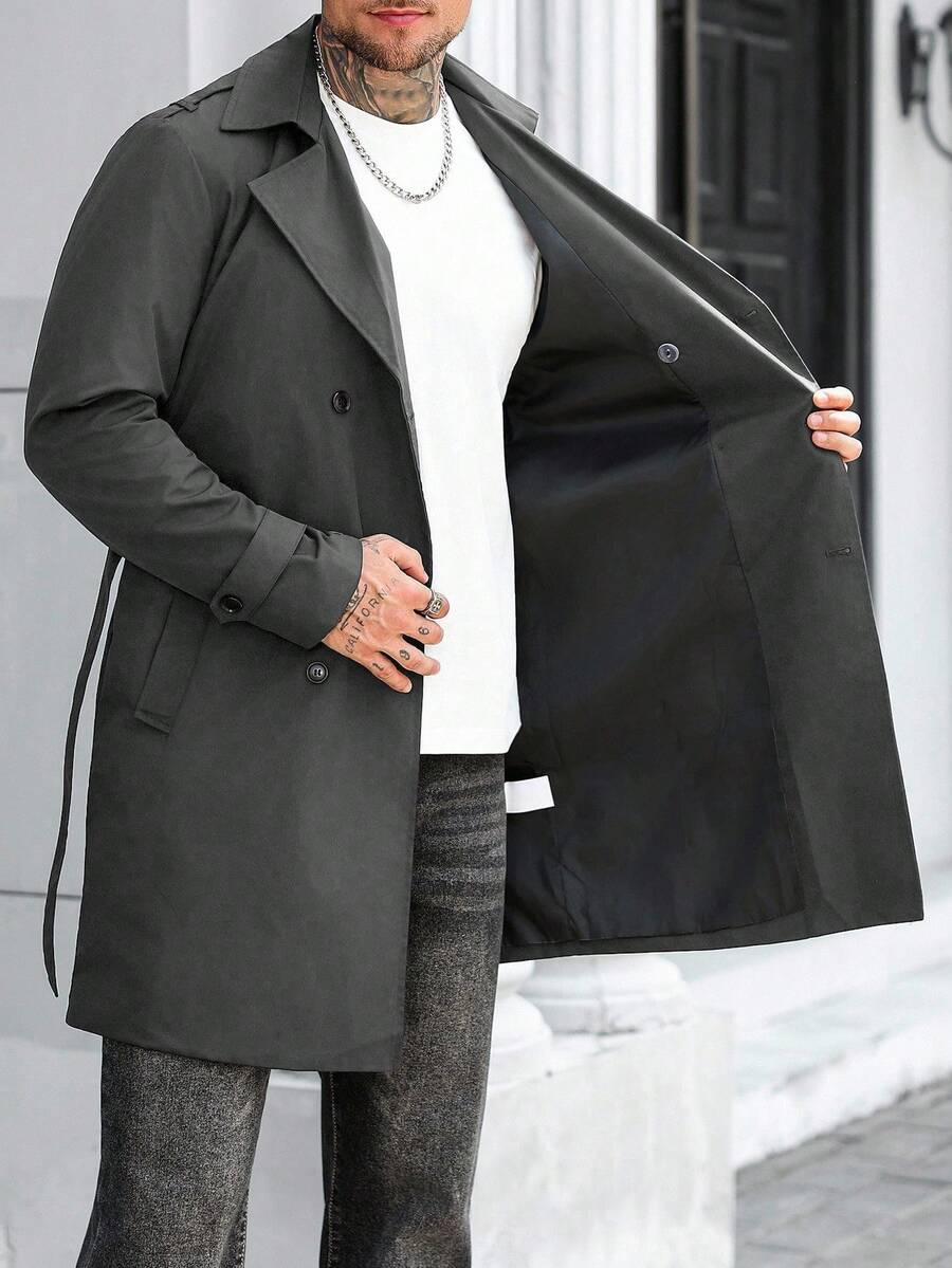 Manfinity Mode Men's Street Hot INS Matching Black Plain Anti-Peak Fabric Double-Breasted Lapel Oversized Trench Coat, Boyfriend Husband Gift Anniversary Gift Men Long Coat Men Outerwear Double Breasted Trench Coat Men Black Trench Coat Men Trench Coat,