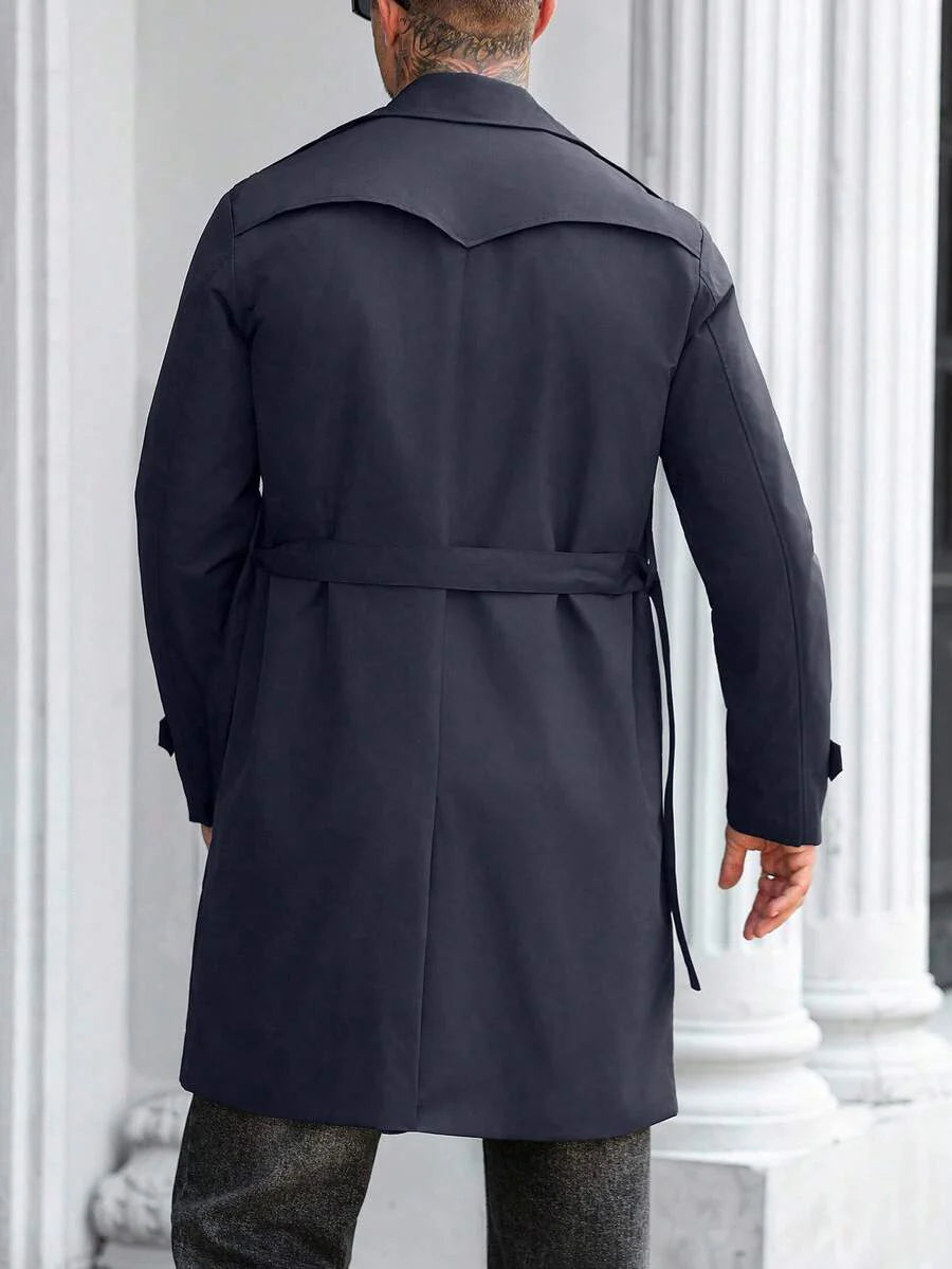 Manfinity Mode Men's Street Hot INS Matching Black Plain Anti-Peak Fabric Double-Breasted Lapel Oversized Trench Coat, Boyfriend Husband Gift Anniversary Gift Men Long Coat Men Outerwear Double Breasted Trench Coat Men Black Trench Coat Men Trench Coat,