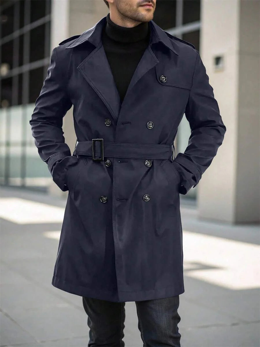 Manfinity Mode Men's Street Hot INS Matching Black Plain Anti-Peak Fabric Double-Breasted Lapel Oversized Trench Coat, Boyfriend Husband Gift Anniversary Gift Men Long Coat Men Outerwear Double Breasted Trench Coat Men Black Trench Coat Men Trench Coat,