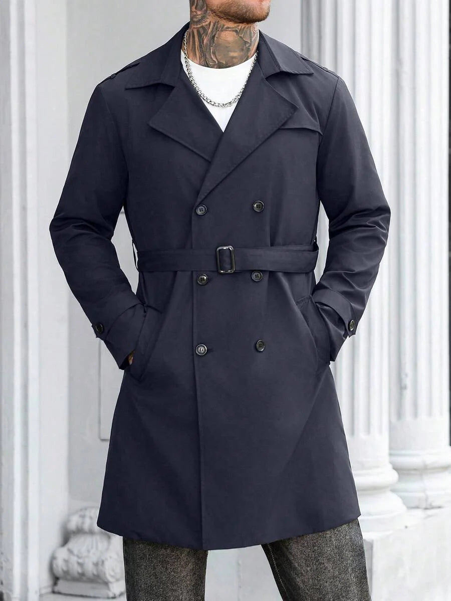Manfinity Mode Men's Street Hot INS Matching Black Plain Anti-Peak Fabric Double-Breasted Lapel Oversized Trench Coat, Boyfriend Husband Gift Anniversary Gift Men Long Coat Men Outerwear Double Breasted Trench Coat Men Black Trench Coat Men Trench Coat,