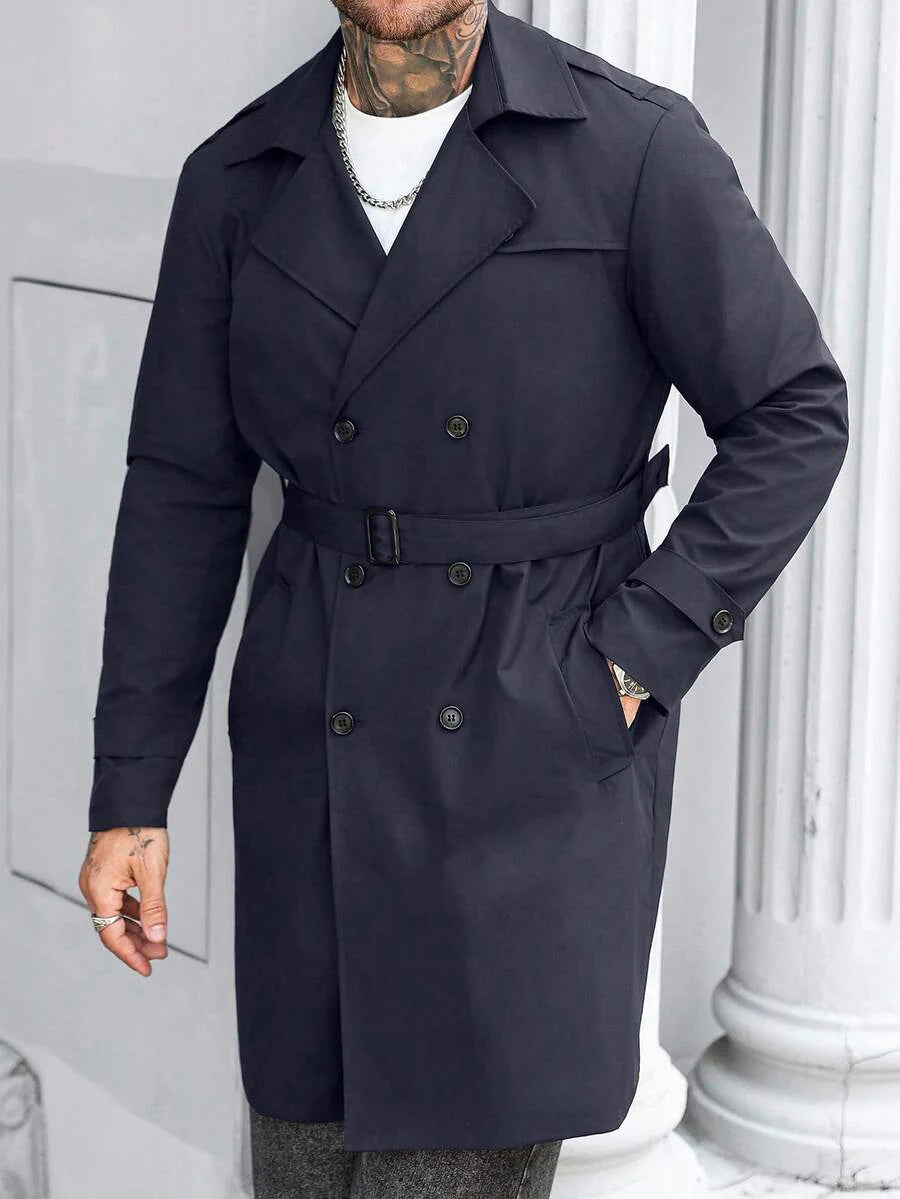 Manfinity Mode Men's Street Hot INS Matching Black Plain Anti-Peak Fabric Double-Breasted Lapel Oversized Trench Coat, Boyfriend Husband Gift Anniversary Gift Men Long Coat Men Outerwear Double Breasted Trench Coat Men Black Trench Coat Men Trench Coat,