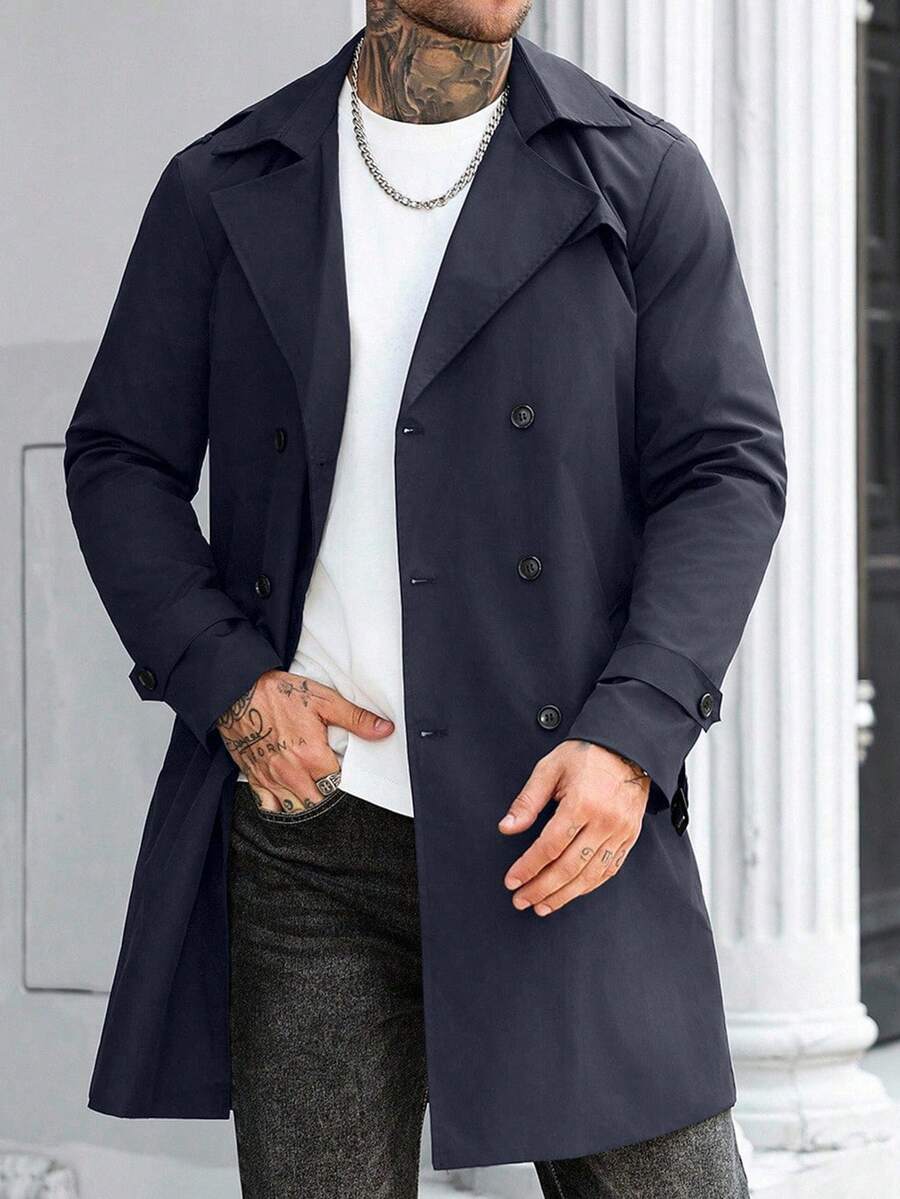 Manfinity Mode Men's Street Hot INS Matching Black Plain Anti-Peak Fabric Double-Breasted Lapel Oversized Trench Coat, Boyfriend Husband Gift Anniversary Gift Men Long Coat Men Outerwear Double Breasted Trench Coat Men Black Trench Coat Men Trench Coat,