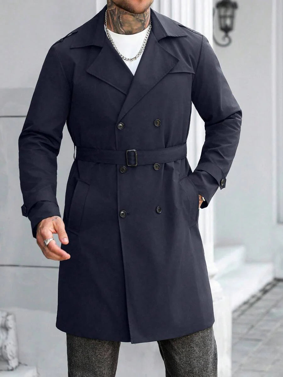 Manfinity Mode Men's Street Hot INS Matching Black Plain Anti-Peak Fabric Double-Breasted Lapel Oversized Trench Coat, Boyfriend Husband Gift Anniversary Gift Men Long Coat Men Outerwear Double Breasted Trench Coat Men Black Trench Coat Men Trench Coat,
