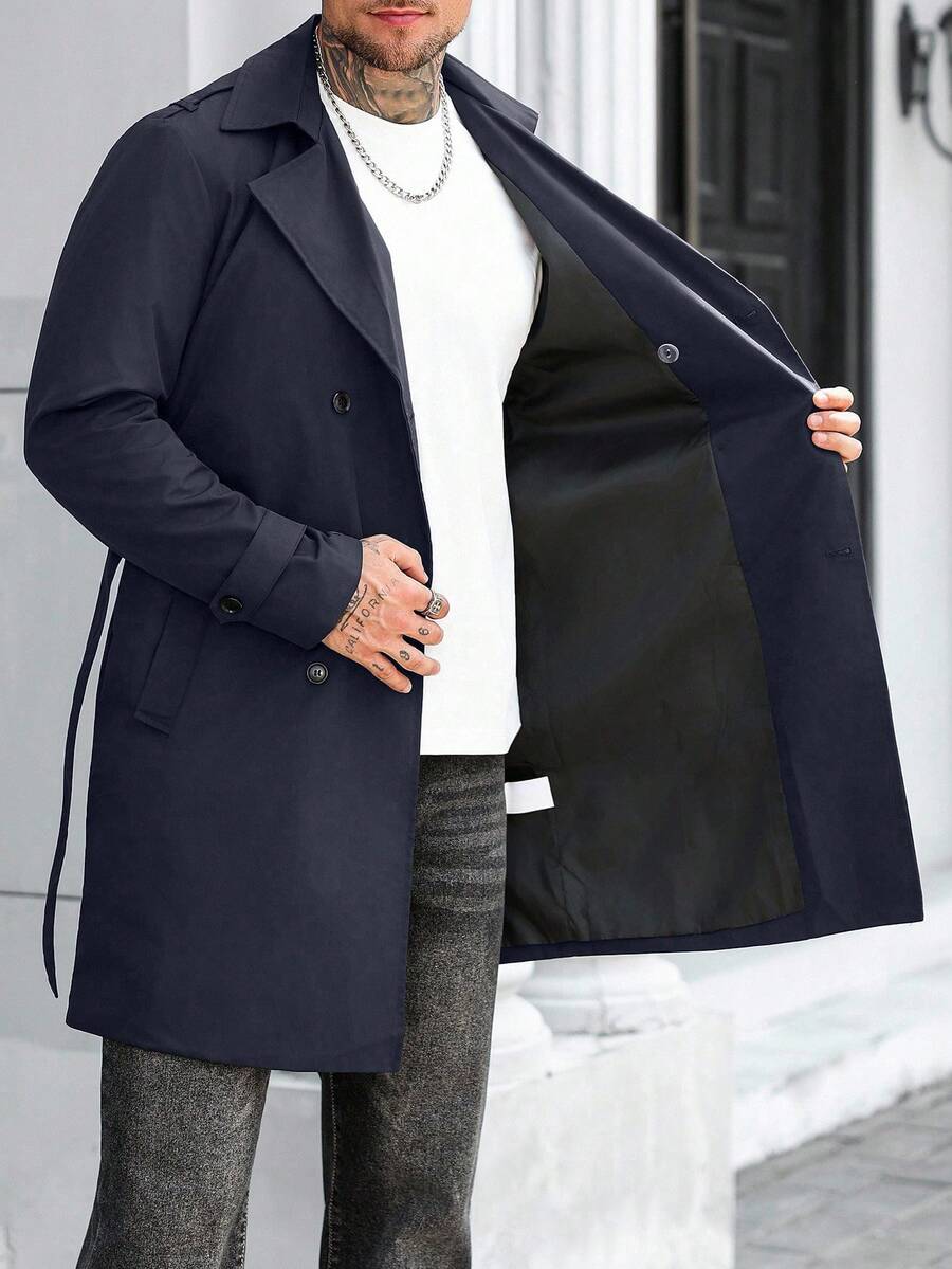 Manfinity Mode Men's Street Hot INS Matching Black Plain Anti-Peak Fabric Double-Breasted Lapel Oversized Trench Coat, Boyfriend Husband Gift Anniversary Gift Men Long Coat Men Outerwear Double Breasted Trench Coat Men Black Trench Coat Men Trench Coat,
