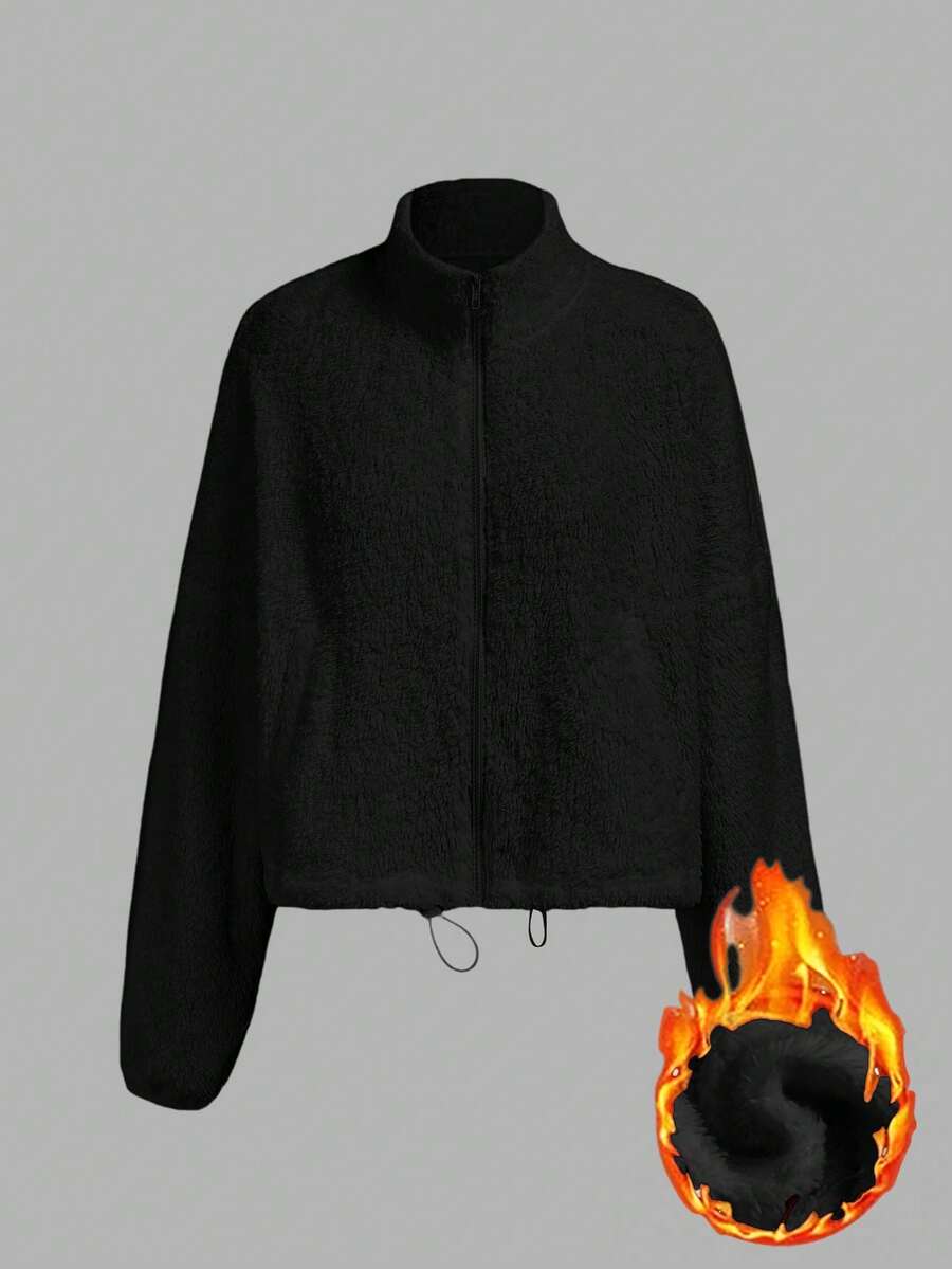 SHEIN LUNE Women's Casual Minimalist Black Reversible Fleece Zip-Up Drawstring Long Sleeve Crew Neck Sweatshirt Jacket, Suitable For Autumn/Winter,Fall,Fall Clothes For Women
