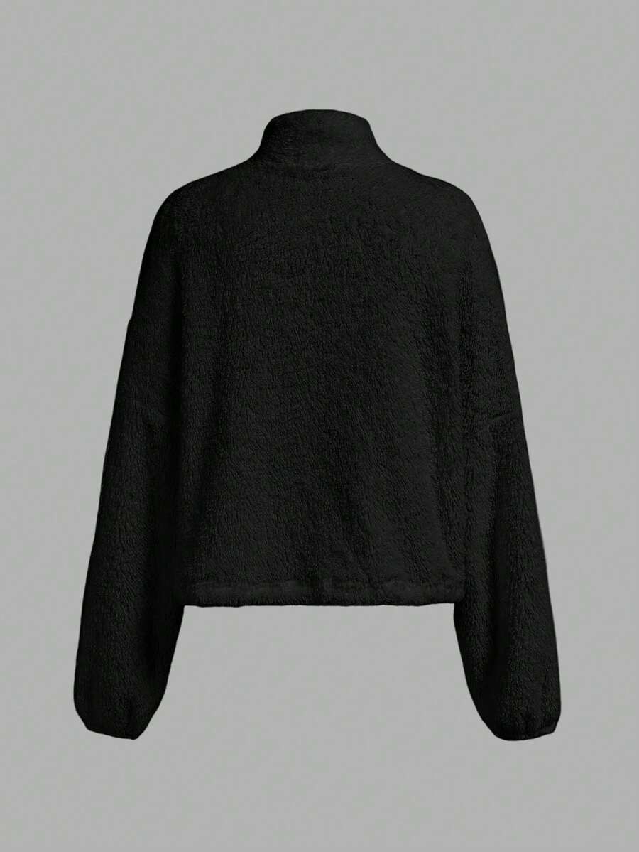 SHEIN LUNE Women's Casual Minimalist Black Reversible Fleece Zip-Up Drawstring Long Sleeve Crew Neck Sweatshirt Jacket, Suitable For Autumn/Winter,Fall,Fall Clothes For Women