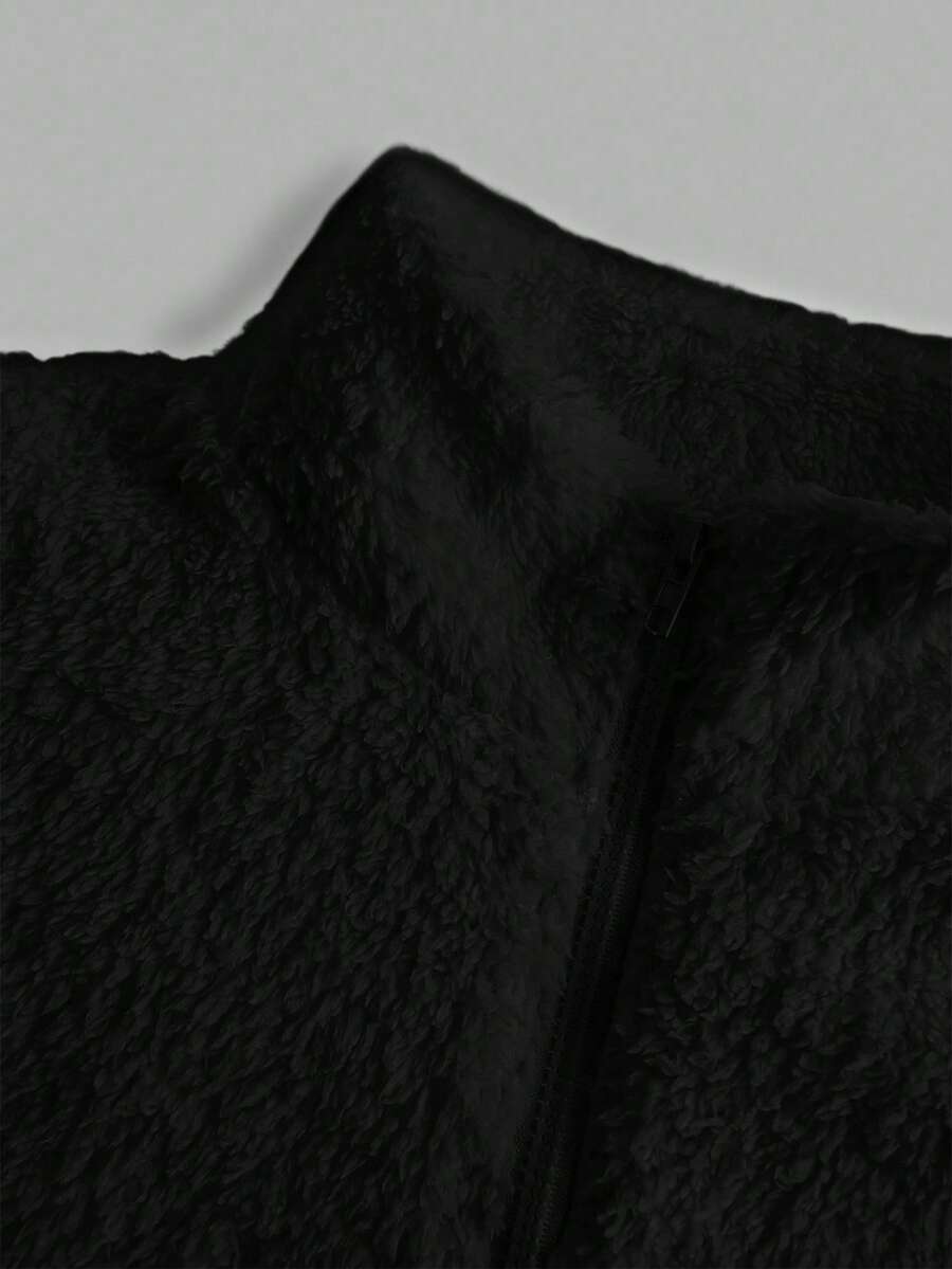 SHEIN LUNE Women's Casual Minimalist Black Reversible Fleece Zip-Up Drawstring Long Sleeve Crew Neck Sweatshirt Jacket, Suitable For Autumn/Winter,Fall,Fall Clothes For Women